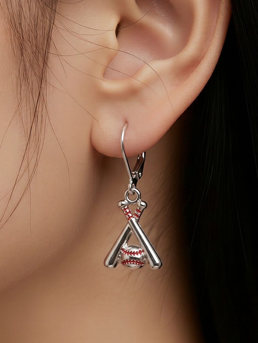 Silver Baseball Bat & Ball Leverback Earrings ⚾ Sports Dangles Leverback Drops